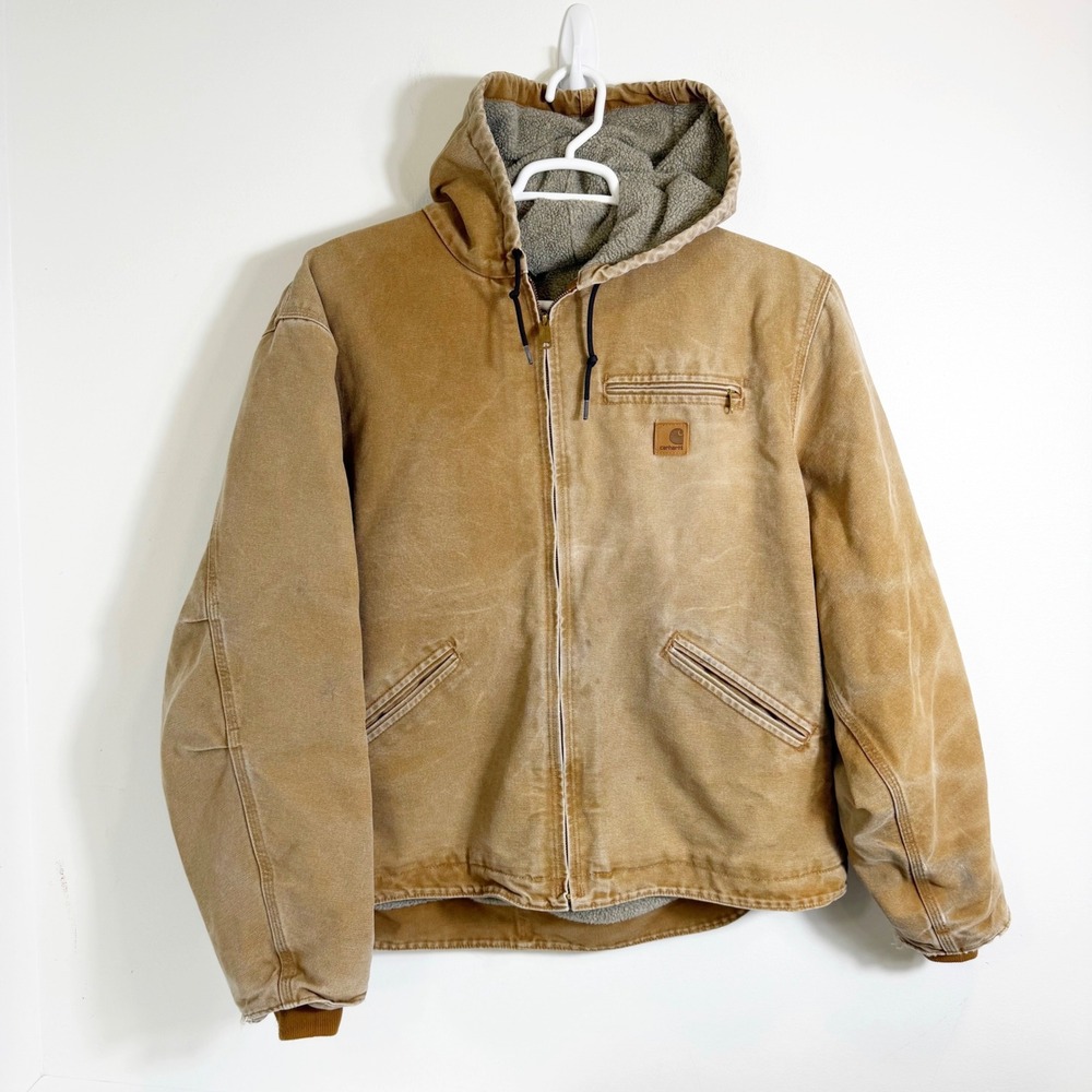 Carhartt Sierra Jacket Mens 2XL Brown Sherpa Lined Sandstone Duck Hooded J141